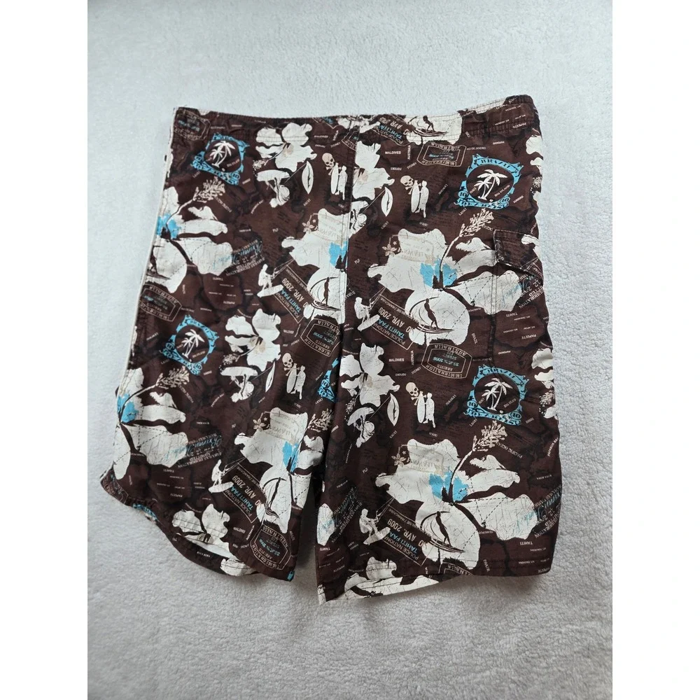 Joe Boxer Mens XL Brown Tropical Passport Travel Print Board Shorts Swim Trunks